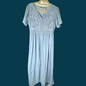 Vintage 90s Together! Light Blue Embroidered Boho Button Down Cottage Dress S
